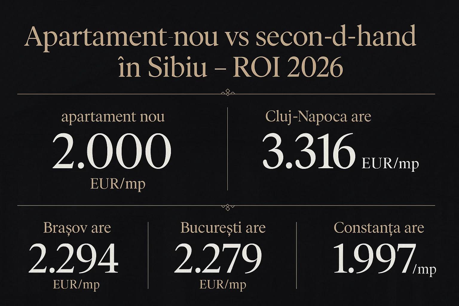 Infografic prețuri imobiliare Sibiu 2026 - Apartament nou vs second-hand &icirc;n Sibiu - ROI 2026