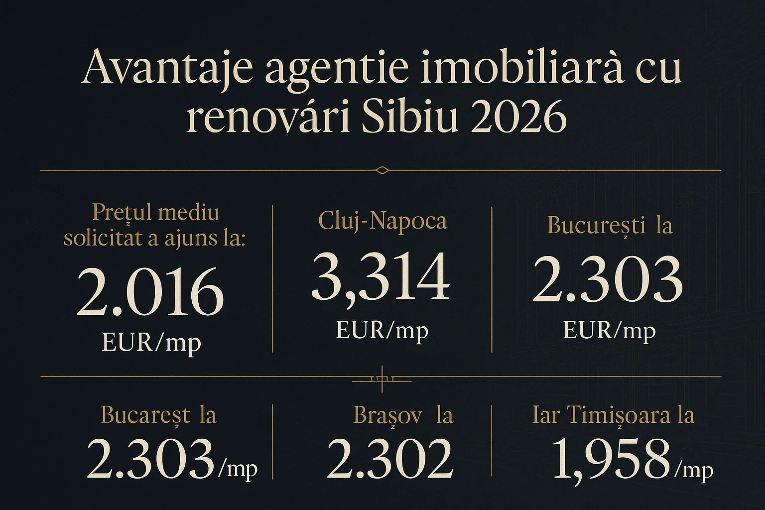 Infografic prețuri imobiliare Sibiu 2026 - Avantaje agenție imobiliară cu renovări Sibiu 2026